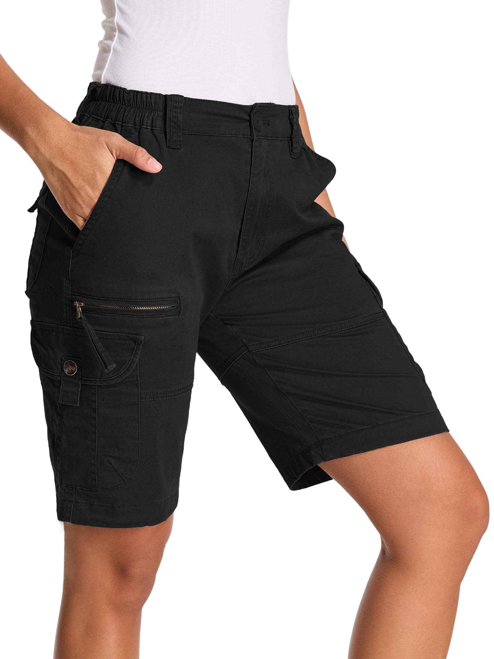 Yevtzl shorts side-pocket detail highlighting secure metal clasps for essentials.