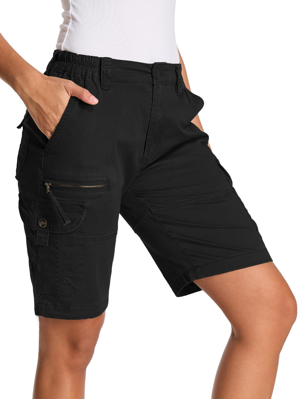 Yevtzl shorts side-pocket detail highlighting secure metal clasps for essentials.