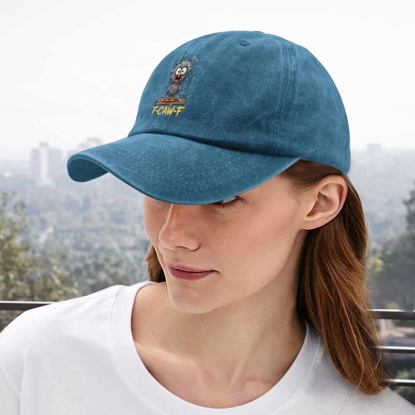 YFKFYTG Black Crow F-Caw F Hat on women; versatile daily wear for errands or outings.