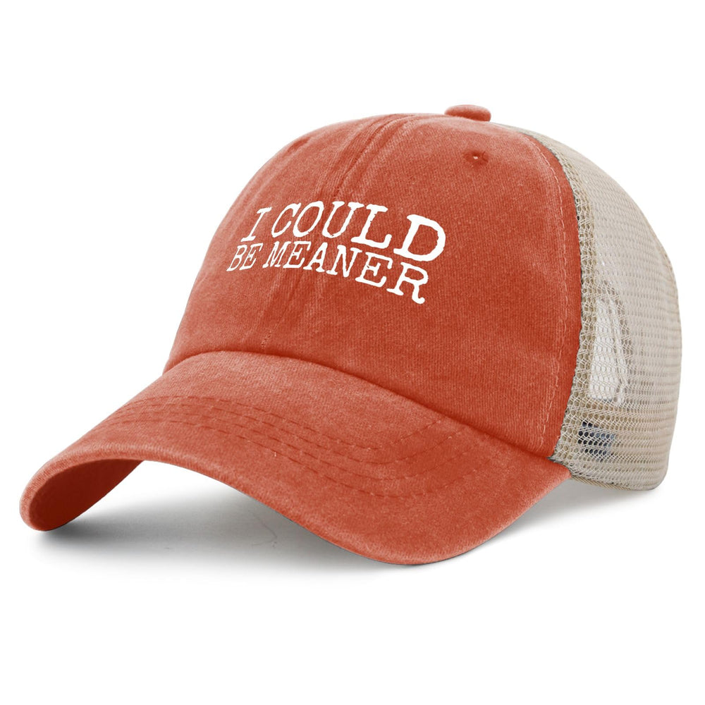 YFKFYTG I Could Be Meaner Hat close look at denim texture and stitching