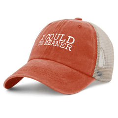 YFKFYTG I Could Be Meaner Hat close look at denim texture and stitching
