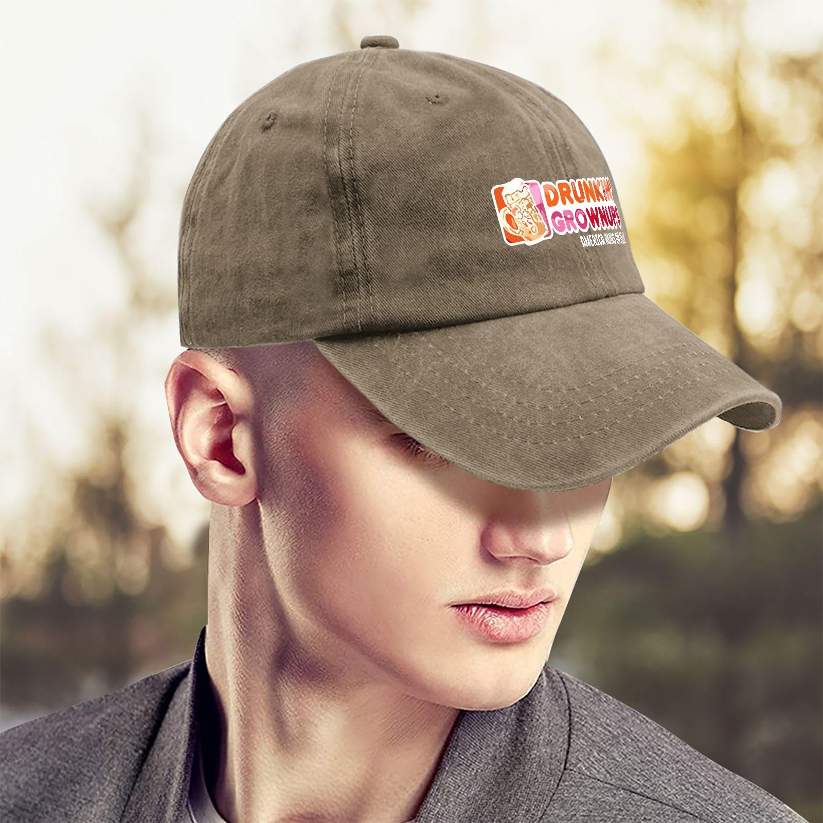 YFKFYTG Drunken Grownups American Dad Beer Hat close-up, retro design highlight