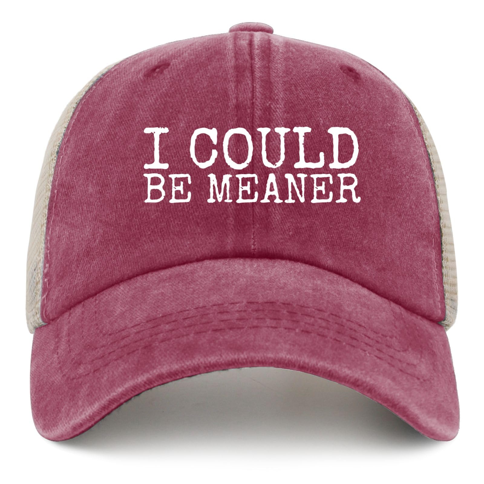 YFKFYTG I Could Be Meaner Hat deep rose shade under natural light