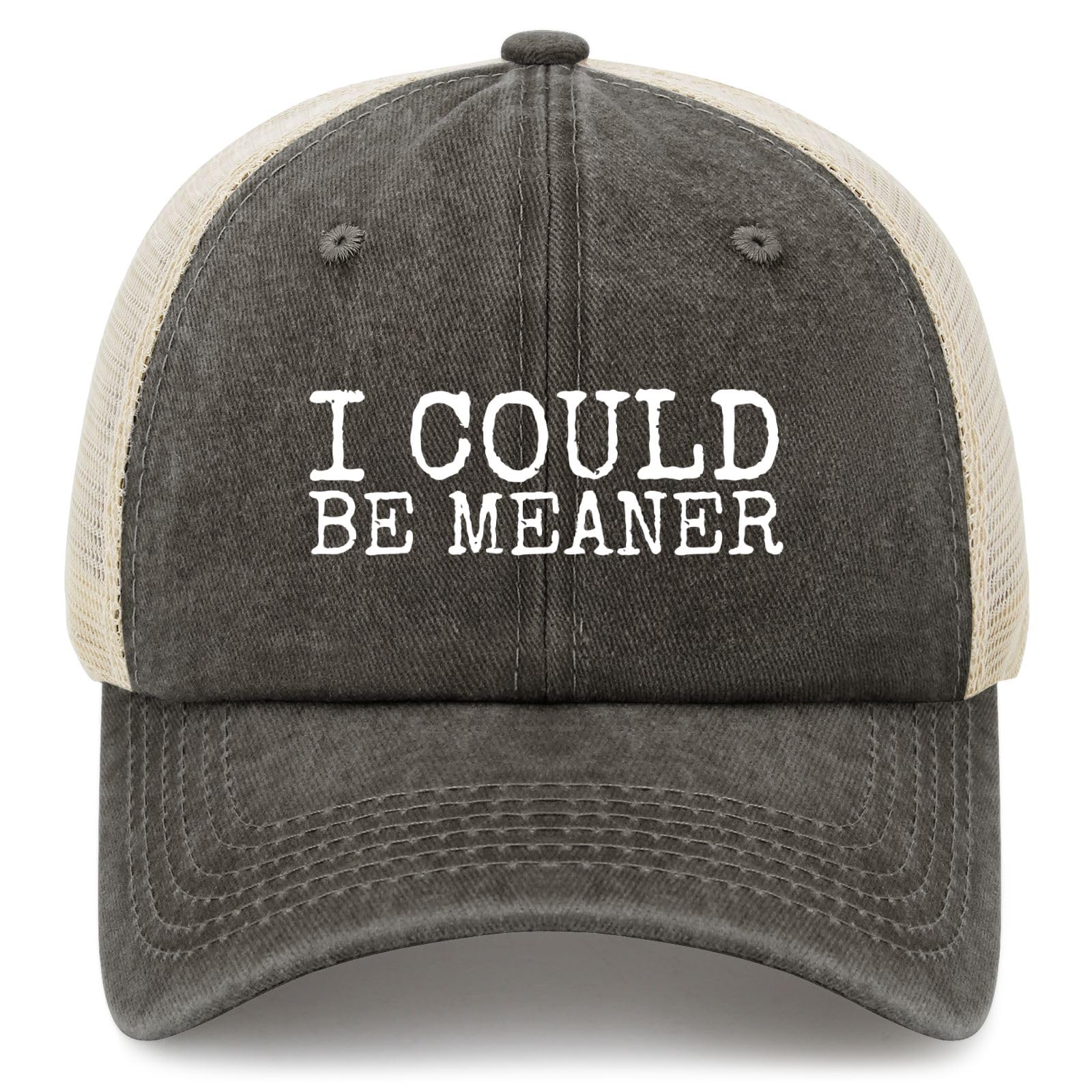 YFKFYTG I Could Be Meaner Hat front view with vintage washed denim for casual wear.