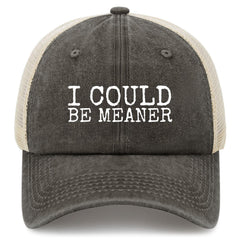YFKFYTG I Could Be Meaner Hat front view with vintage washed denim for casual wear.