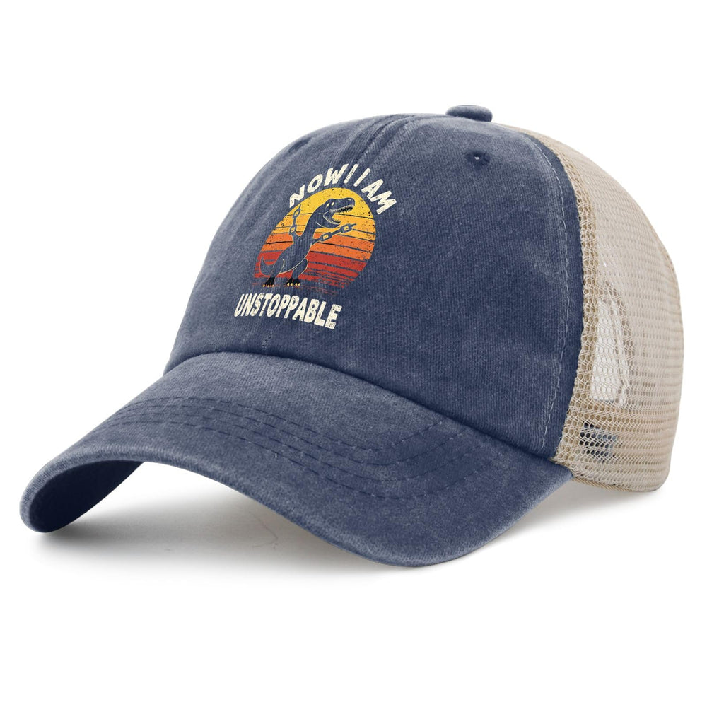 YFKFYTG Now I Am Unstoppable Dinosaur Hat back strap shows adjustable fit.