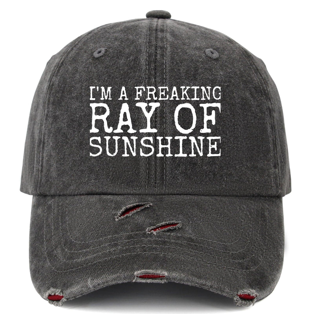 YFKFYTG Ray Sunshine hat front view with vintage denim and breathable mesh.