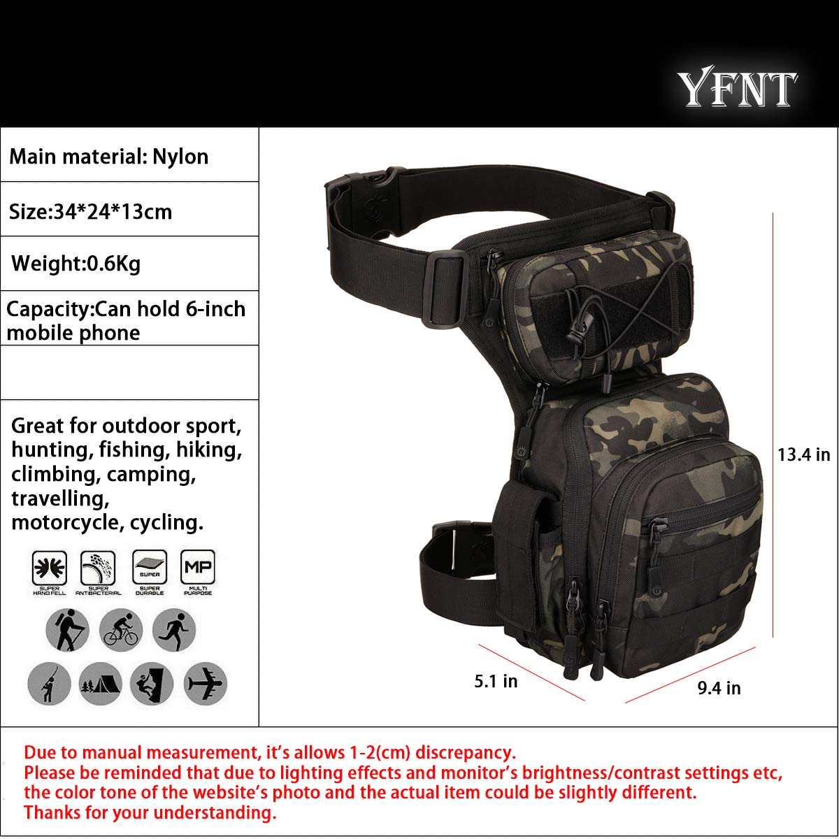 YFNT Tactical Drop Leg Bag dark camo open compartments demonstrating organized storage on outdoor trips.