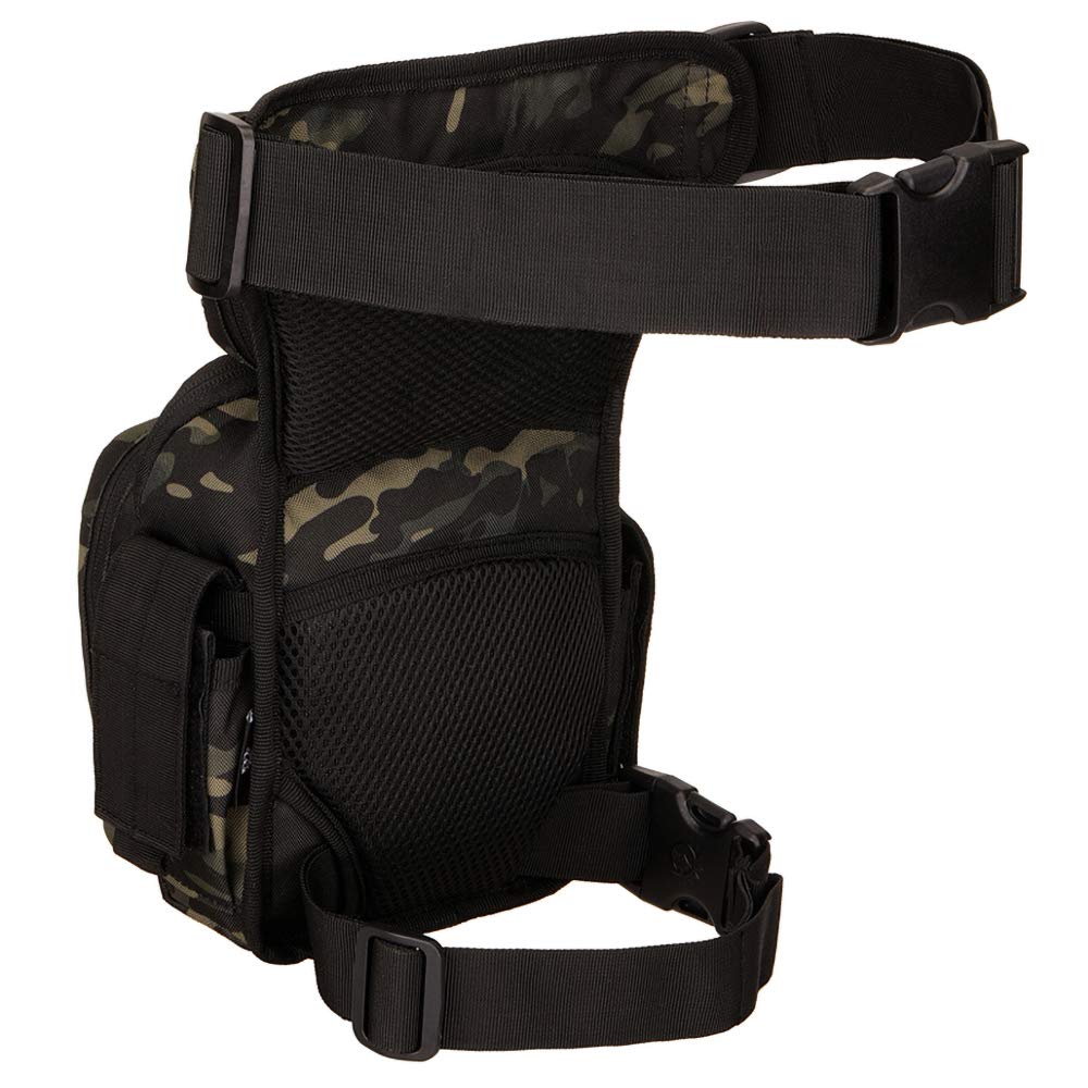 YFNT Tactical Drop Leg Bag dark camo side view with extended strap for secure active use.