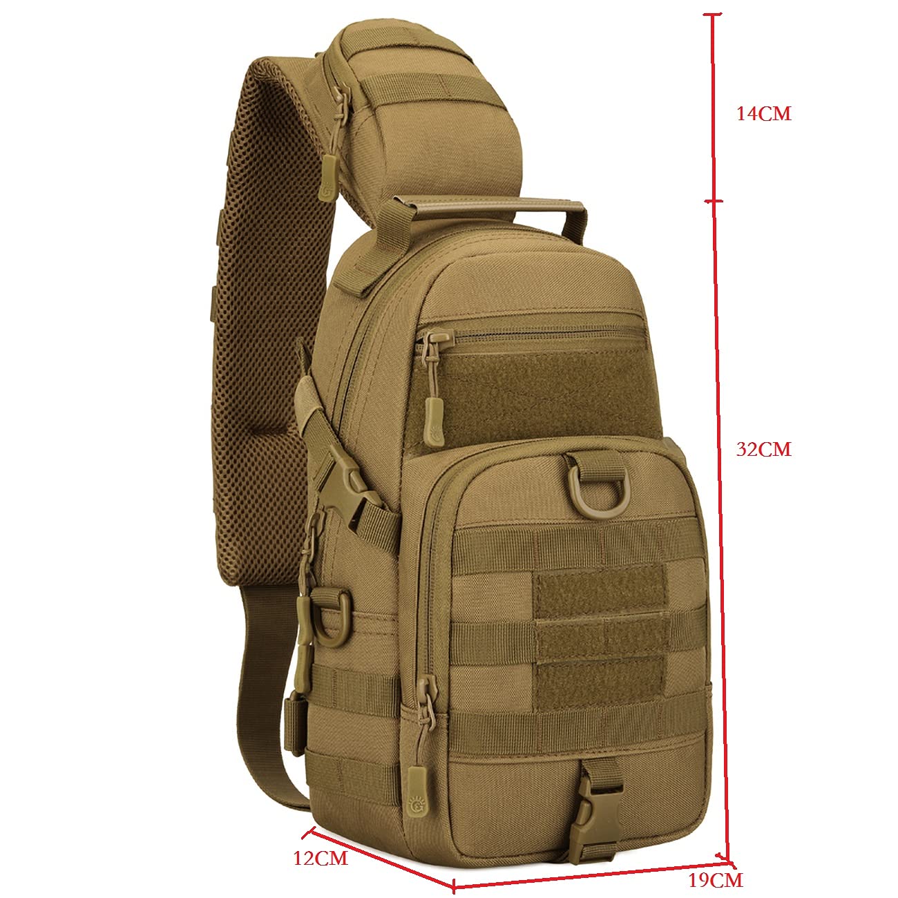 YFNT sling bag side profile showing MOLLE system for modular attachments.