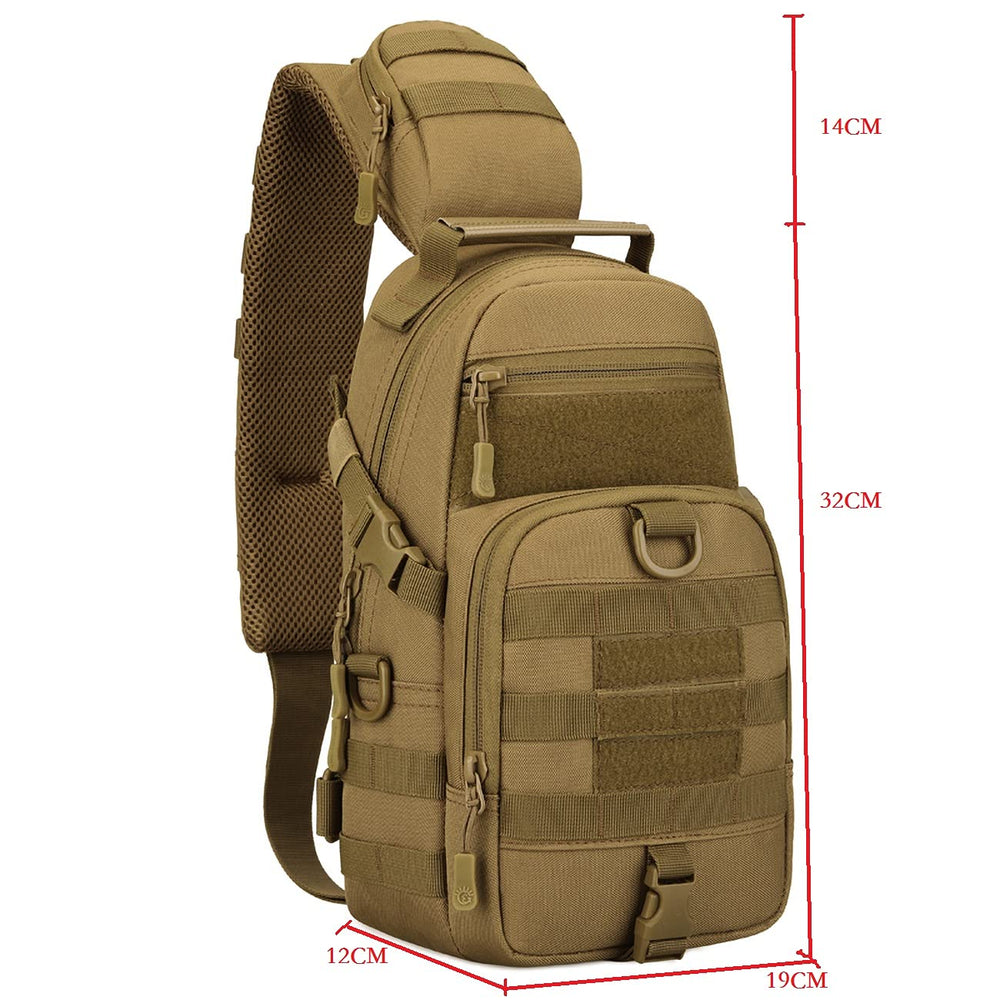 YFNT sling bag side profile showing MOLLE system for modular attachments.