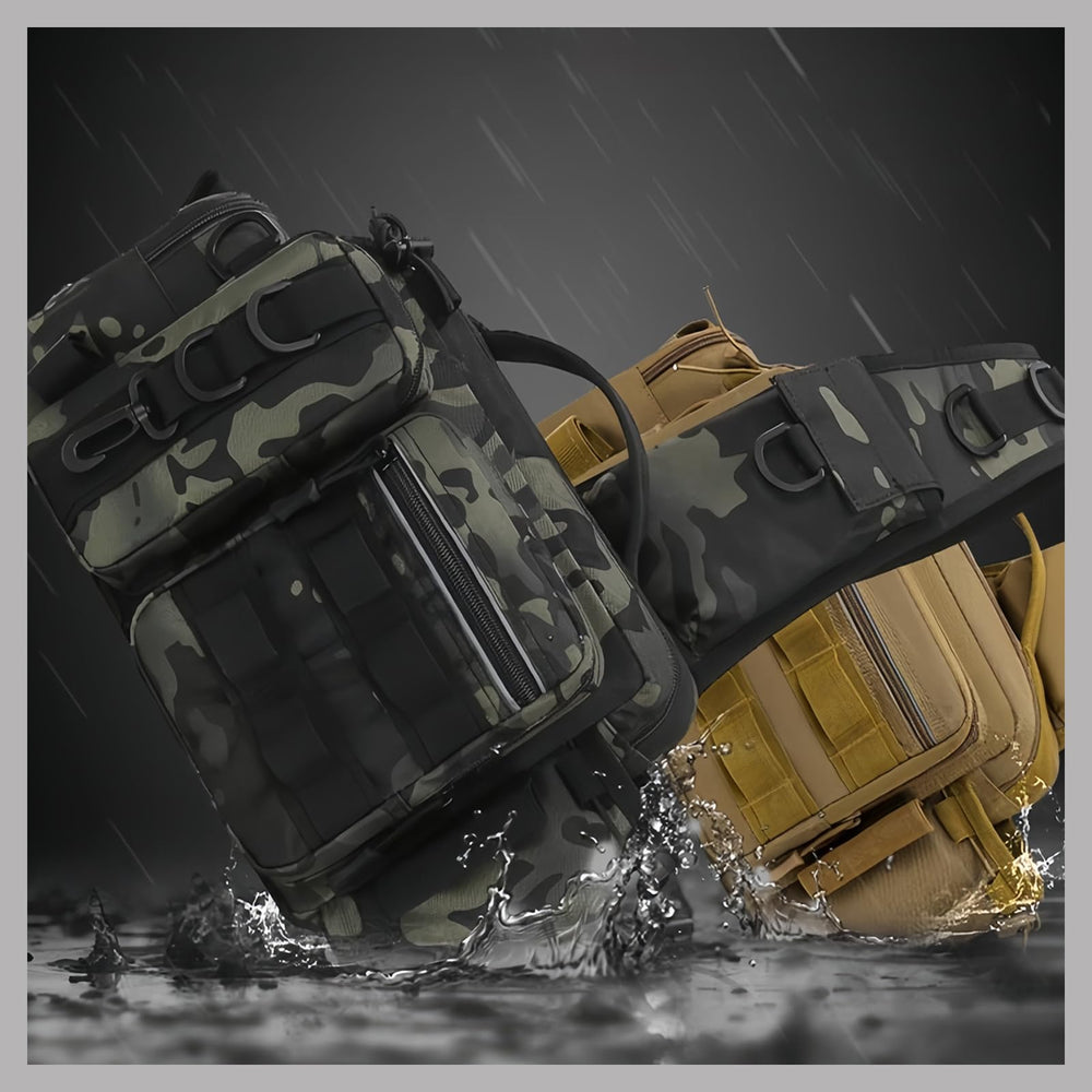 Back view of waterproof fishing backpack showing breathable mesh back panel