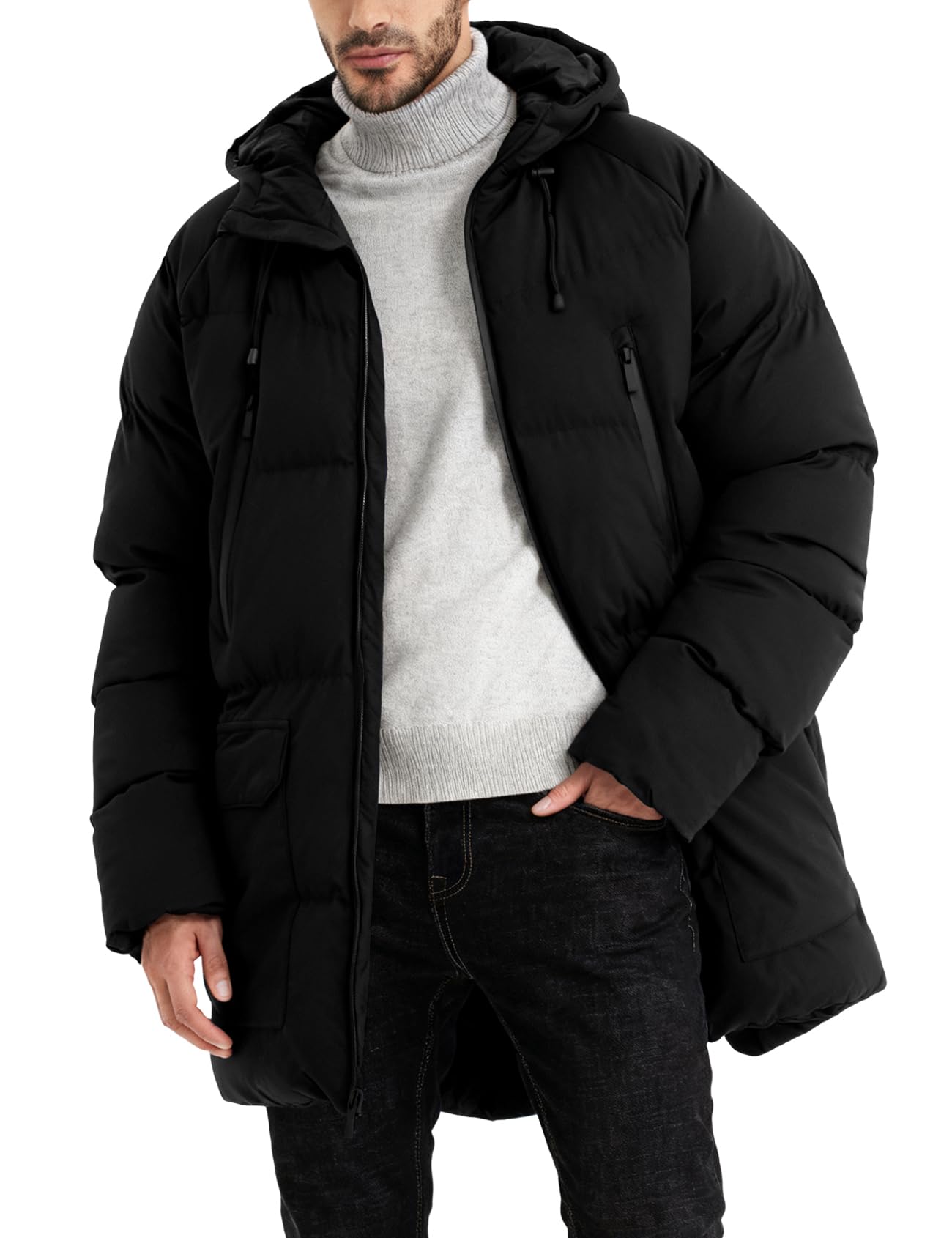 Yimoon men's long winter coat hooded on model, offering extended warmth and protection.