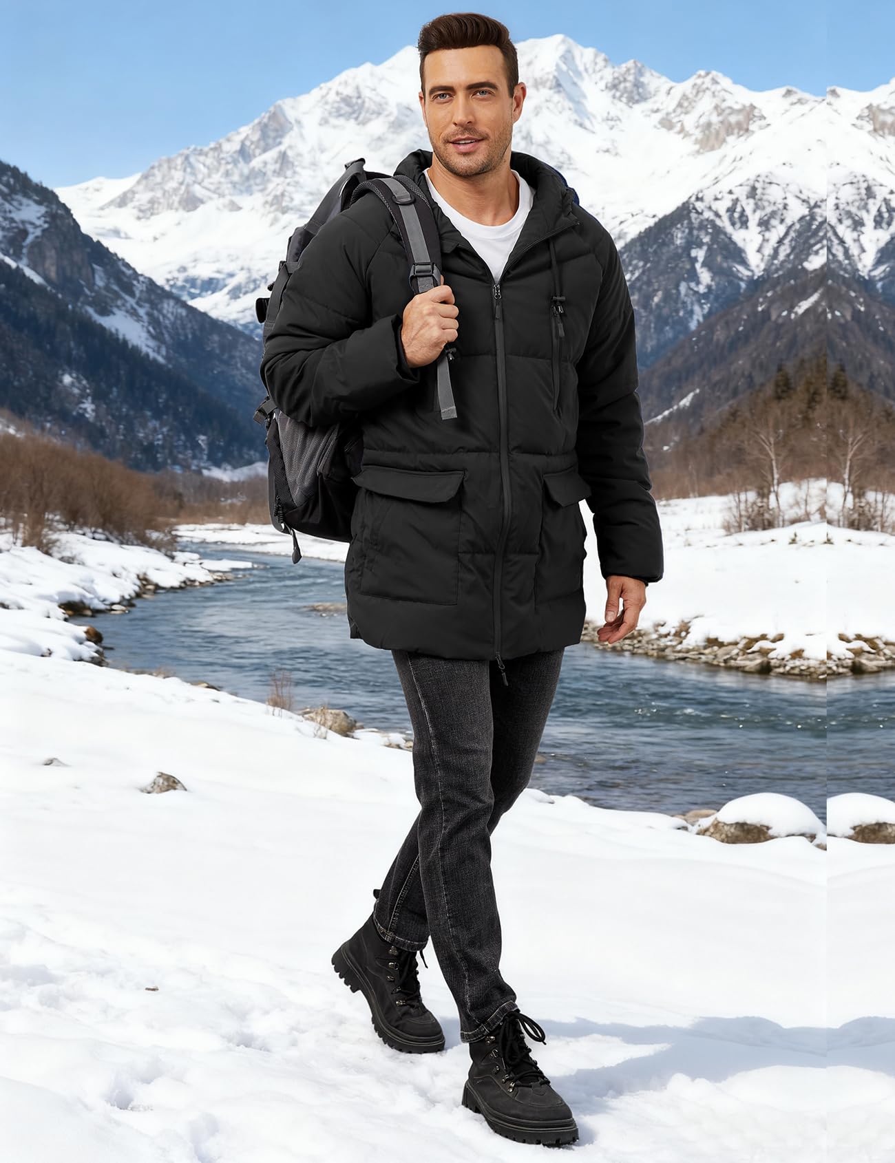 Yimoon versatile winter ensemble demonstrates outfit ideas with jeans and sweatpants.