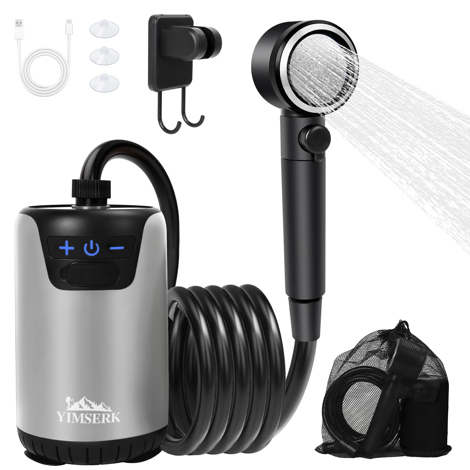 Yimserk 8000mAh portable camping shower head offers compact on-the-go cleaning.
