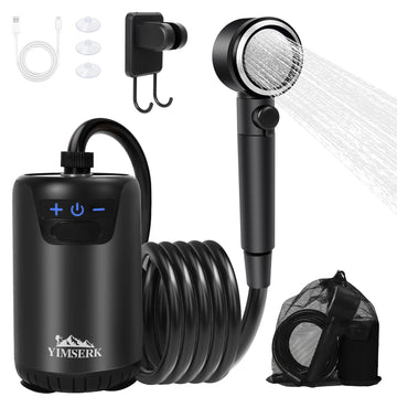 Yimserk camping shower battery display shows remaining power for planning outdoor rinses.