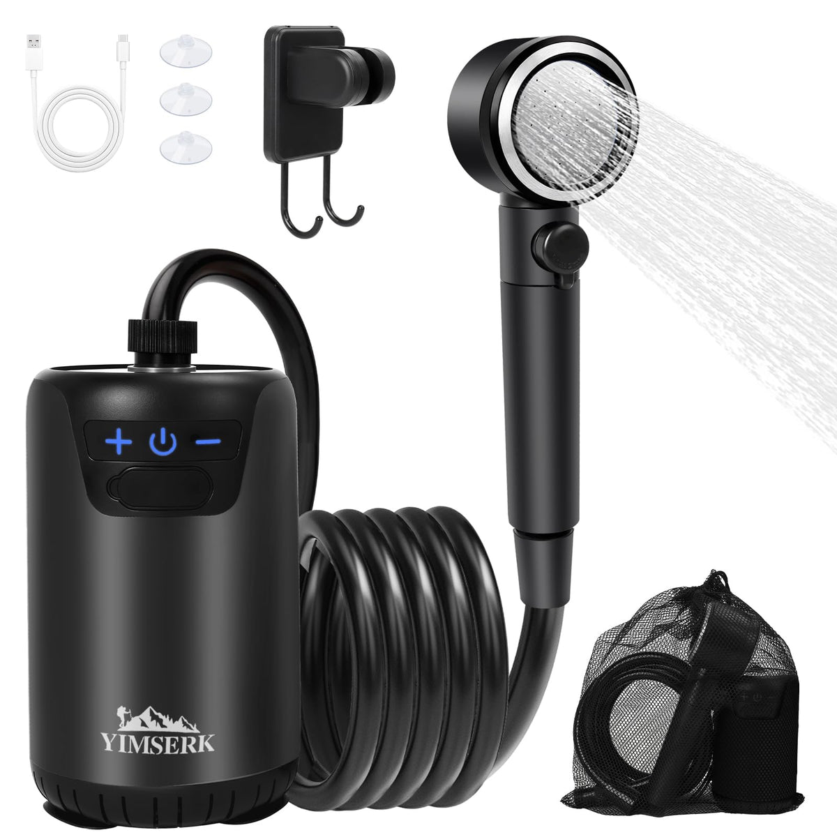 Yimserk camping shower battery display shows remaining power for planning outdoor rinses.