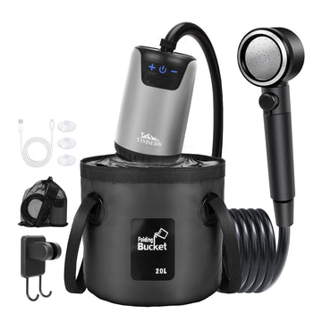 Yimserk portable camping shower LED display shows battery and temperature for safe monitoring.