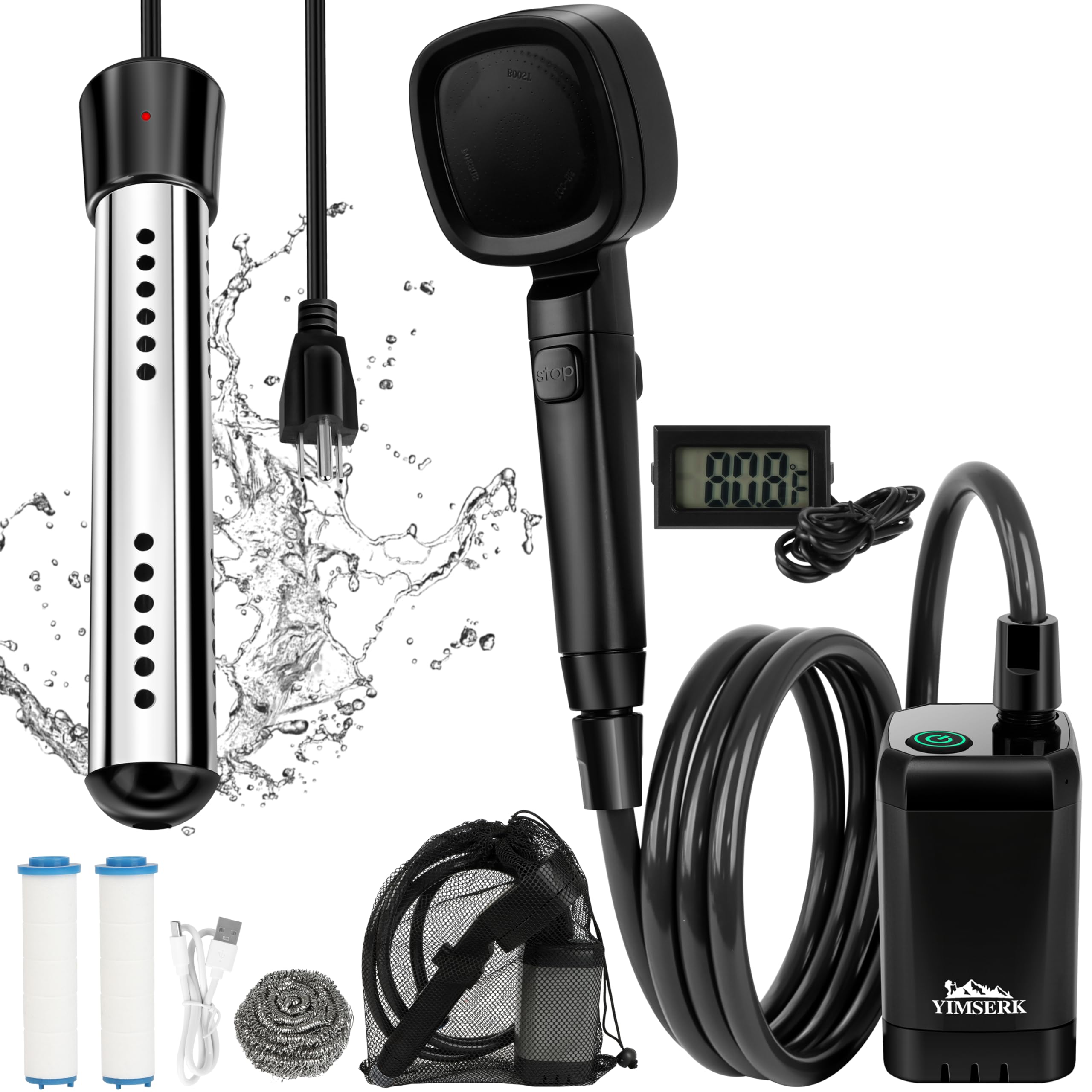Yimserk portable shower battery display shows remaining power for easy camp planning.