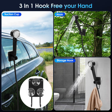 Yimserk travel-ready camping shower kit fits in a backpack for quick setup.