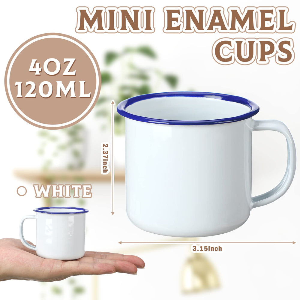 Bulk-pack display of Yinder enamel camping mugs in white.