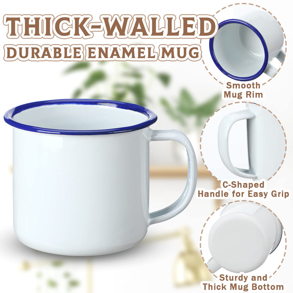 Yinder white enamel mug on outdoor picnic setup for camp breakfast.