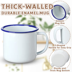 Yinder white enamel mug on outdoor picnic setup for camp breakfast.