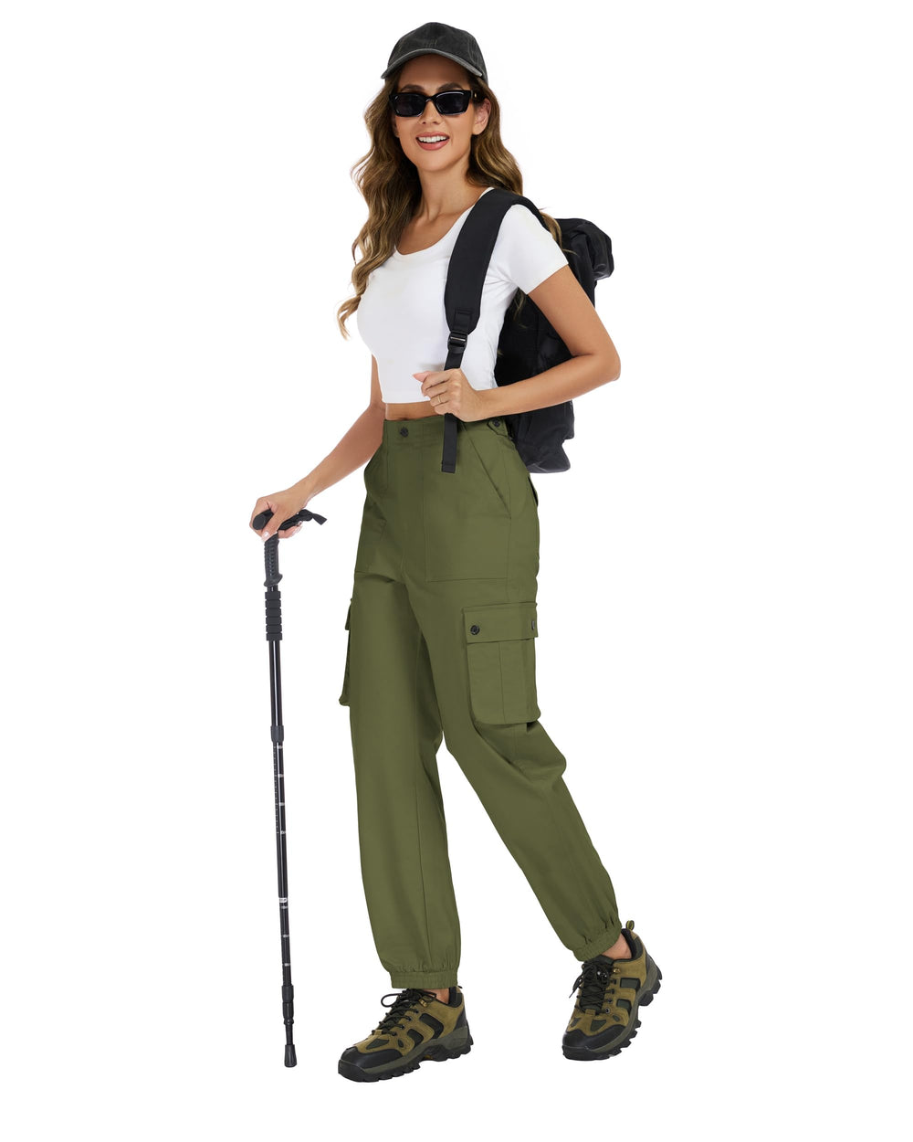 YIPINK cotton cargo pants high waist back strap close-up shows adjustable fit