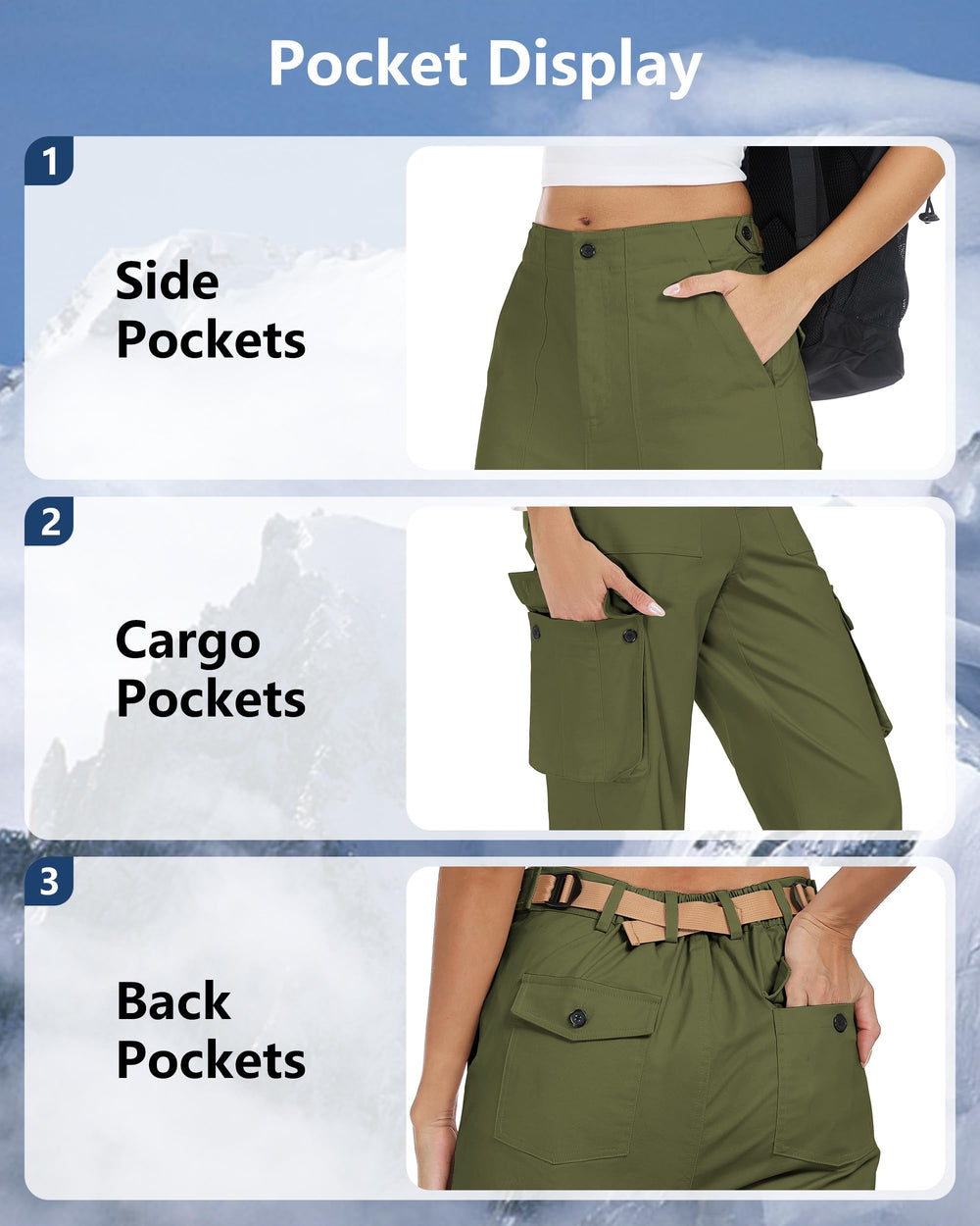 YIPINK women's cotton-twill stretch pockets close-up ideal for hiking and travel storage