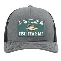 Yippee Daisy Women Want Me Fish Fear Me hat, front view, bold fishing style for anglers