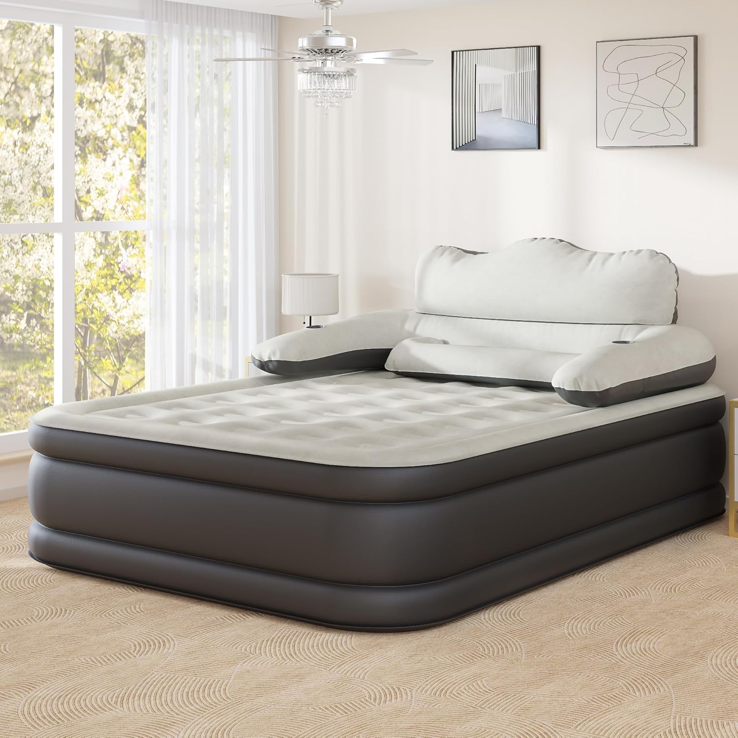YITAHOME queen air mattress with headboard in full view for home or camping.