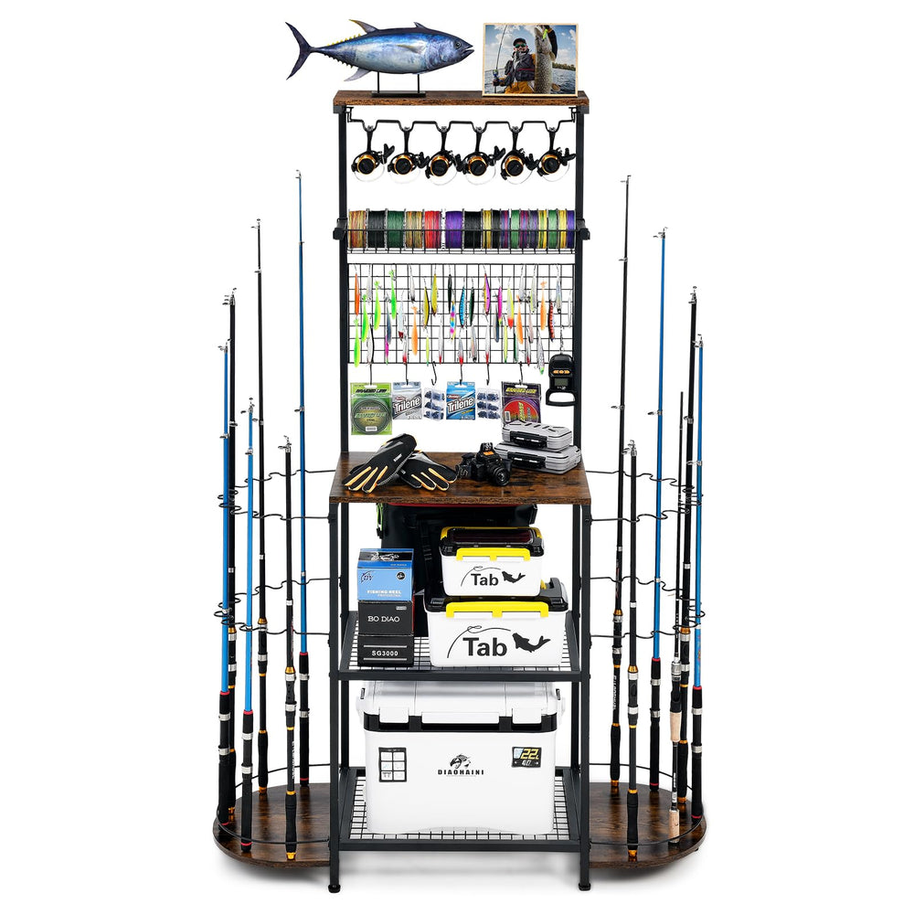 YIYYZI garage fishing rod holder with 24-rod brown storage