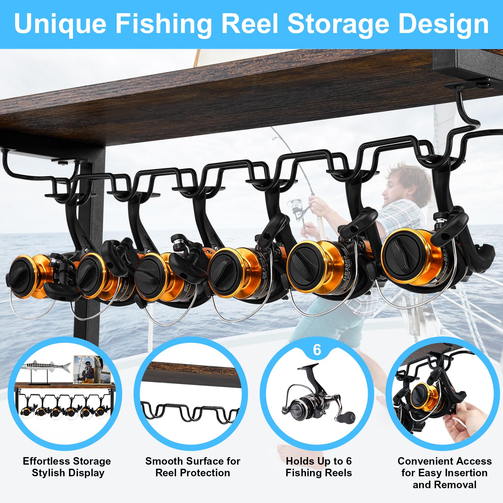 Full rack storage showing space for reels and tackle