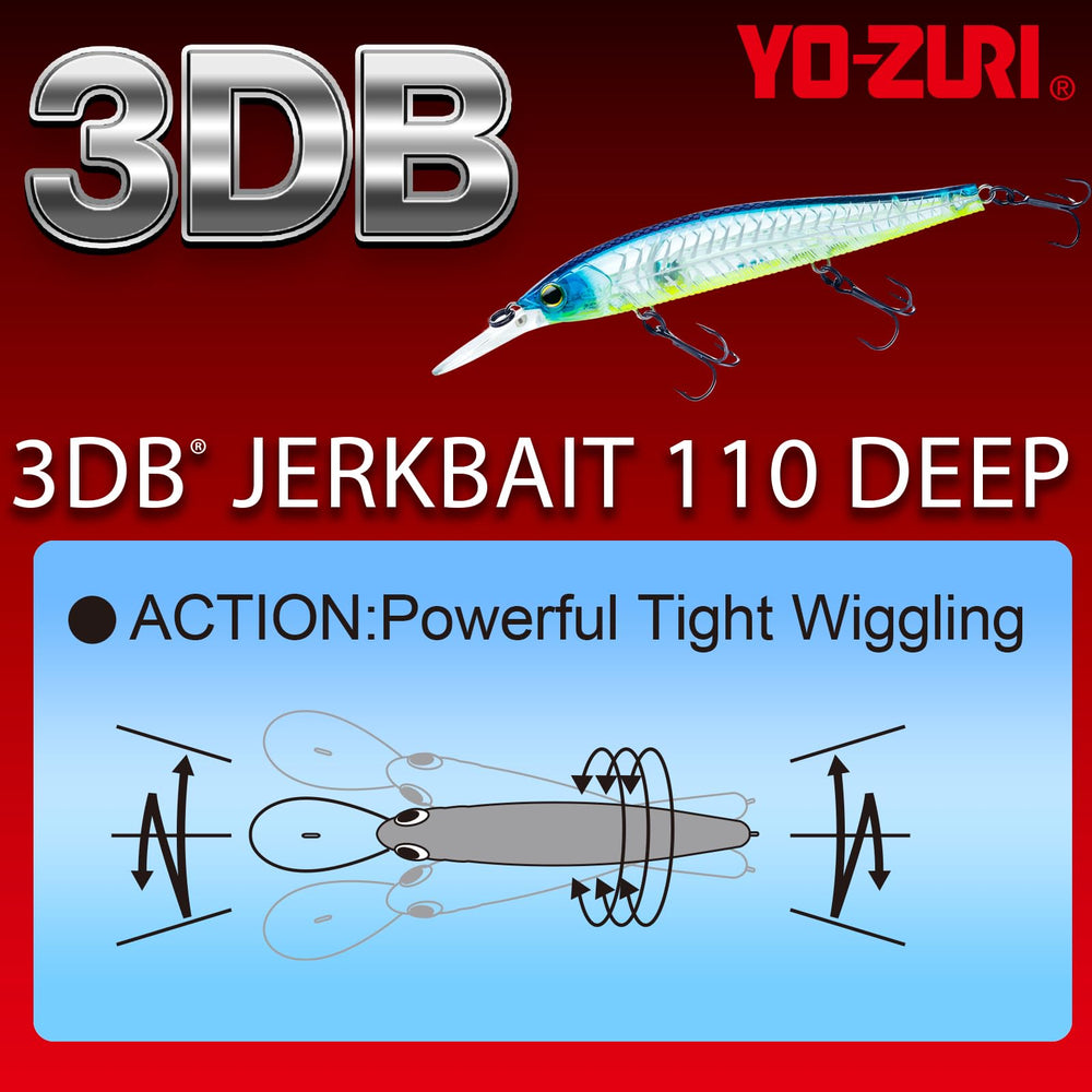 Yo-Zuri 3DB Jerkbait 110 Deep water dive view shows 8-12 ft suspension