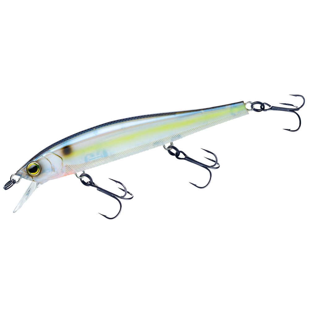 Yo-Zuri 3DB Jerkbait 110 Ghost Sexy Shad suspends with lifelike minnow shimmer for pause retrieves.