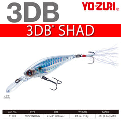 Yo-Zuri 3DB Shad lure black nickel hardware boosts durability and hook performance.