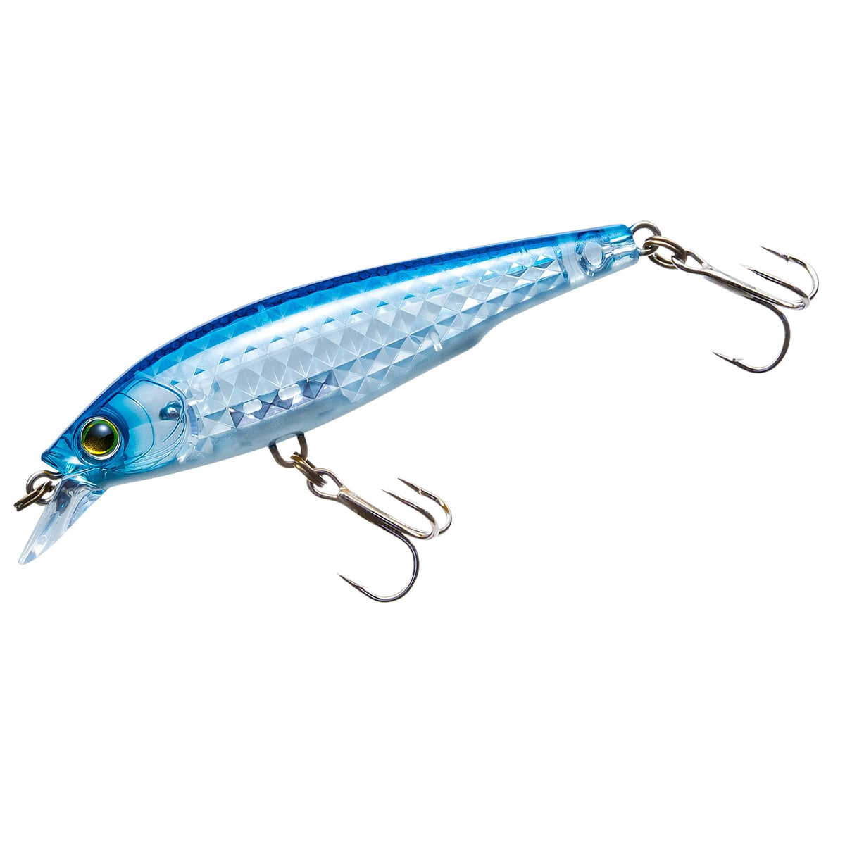 YO-ZURI 3DR-X jerkbait 80mm Clear Pro Blue, front view shows reflective prism scales for visibility