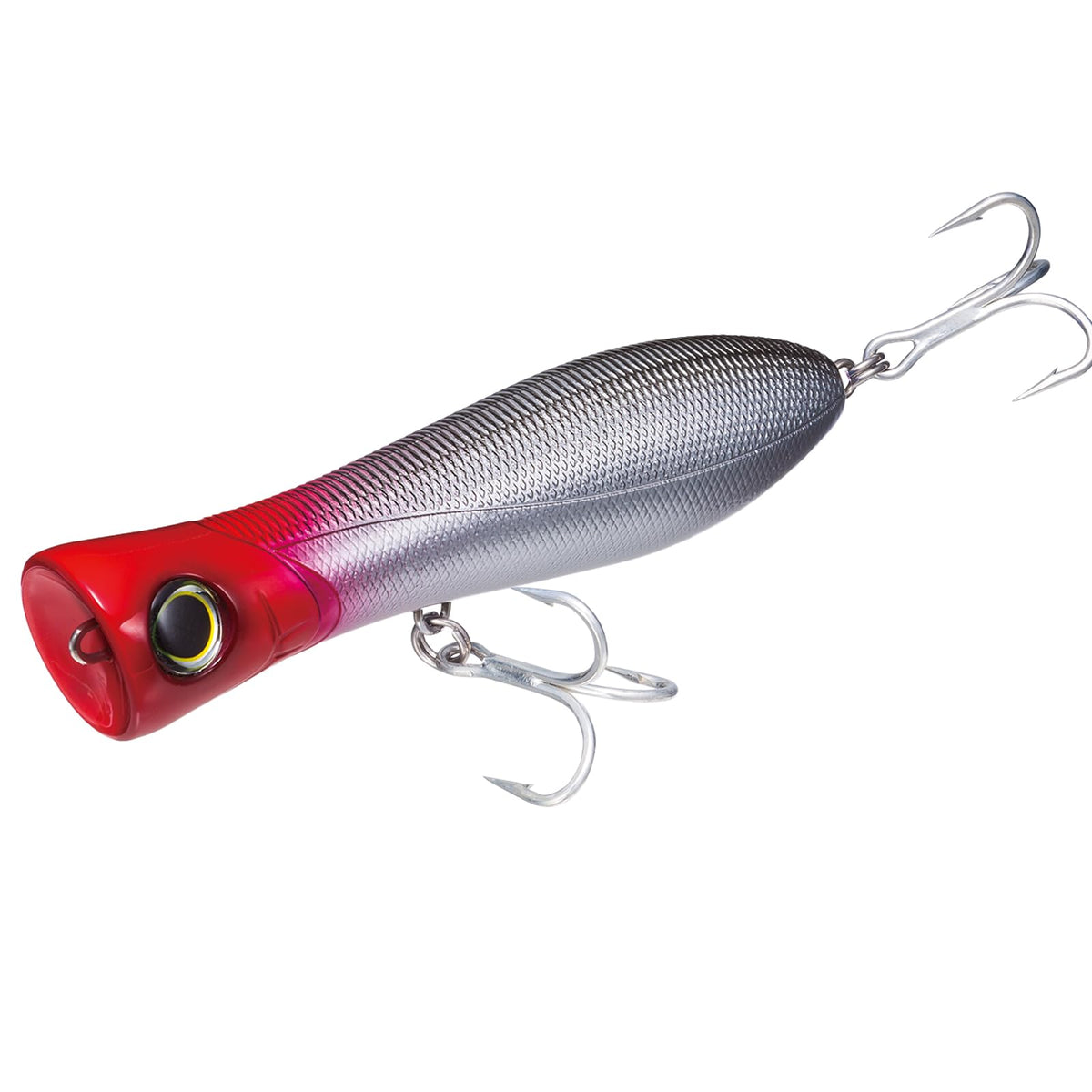 Yo-Zuri Bull Popper front view with red head for high visibility in shore surf casting.