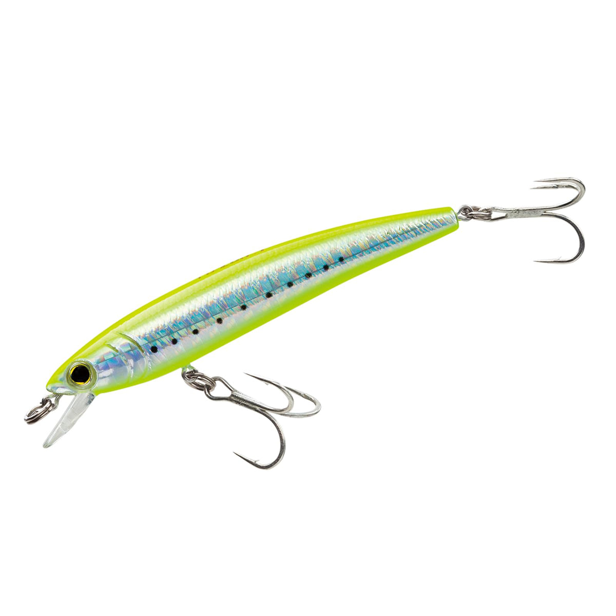 Yo-Zuri Pins Minnow chartreuse front view highlights strong casting with weight transfer.