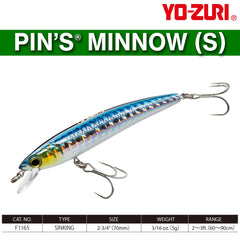 Yo-Zuri Pins Minnow side profile shows tight wiggle for versatile gamefish.