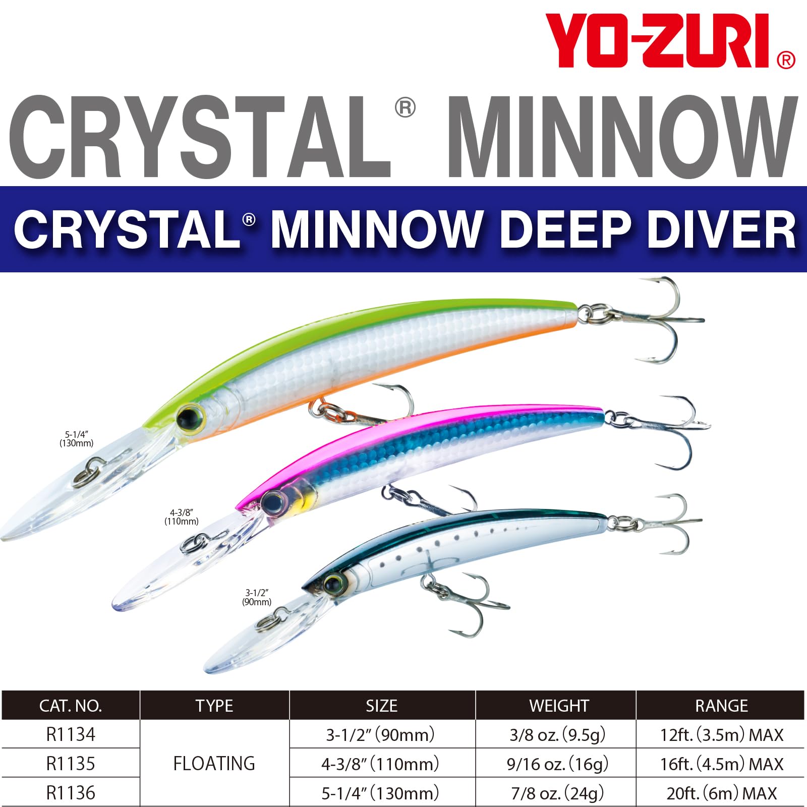 Yo-Zuri Crystal Minnow Deep Diver Clown lure angled view