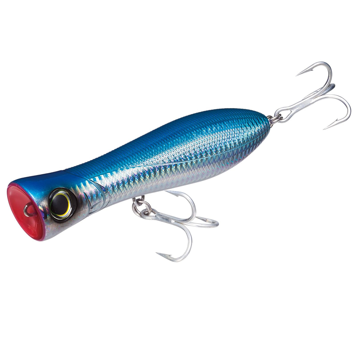 Yo-Zuri Bull Pop lure in holographic blue showing full view for attracting distant surface strikes