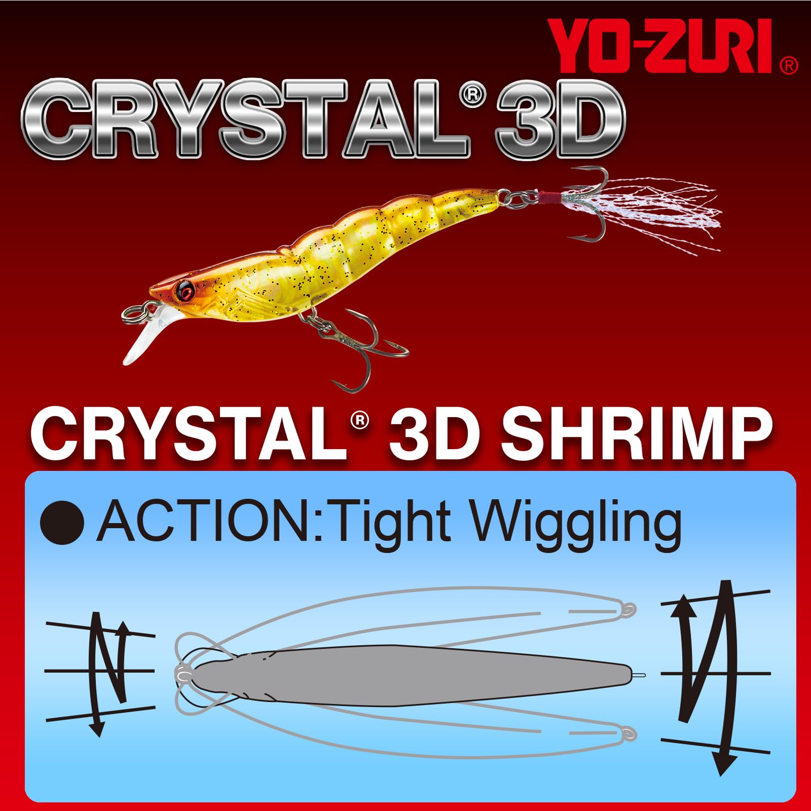Glow patterns on Yo-Zuri crystal 3D shrimp enhance visibility in low light.