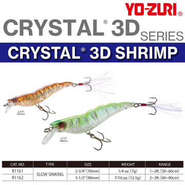 Yo-Zuri crystal 3D shrimp with holographic tail flashing in water.
