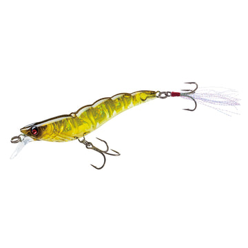 Duel Yo-Zuri crystal 3D shrimp olive lure attracts distant fish with prism shine.