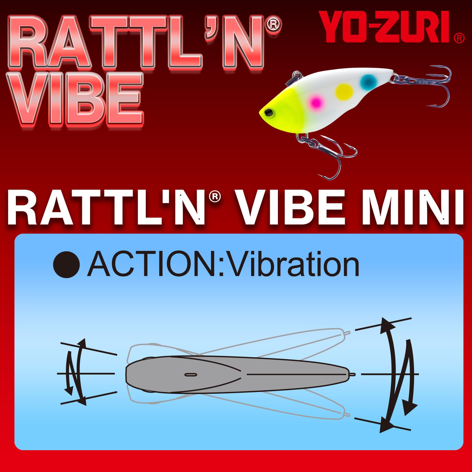 Yo-Zuri RattlN Vibe Mini 40mm blue chrome ice fishing angle with rapid sinking and rattling.