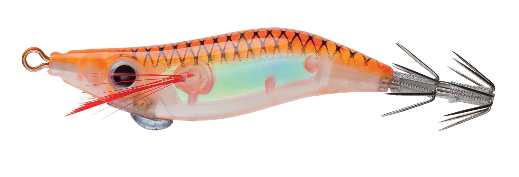 Yo-Zuri Squid Mini Aurora floating jig glows bright, attracting squid with durable body and balanced hooks.