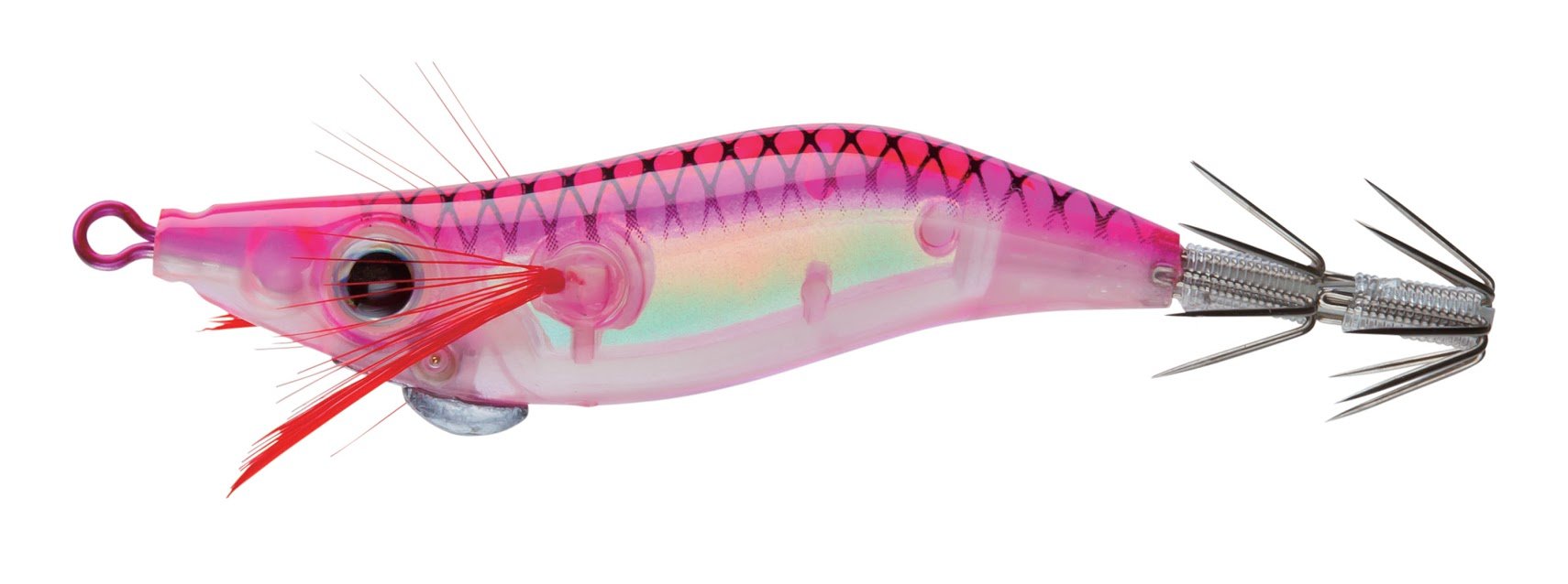 Yo-Zuri Squid Mini Aurora Jig in luminous pink glows to attract squid in low light
