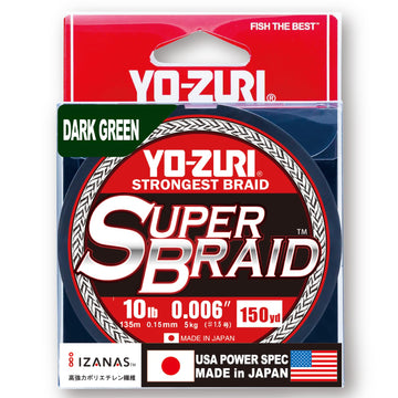 Yo-Zuri Super Braid spool in dark green highlights low stretch and high abrasion resistance.