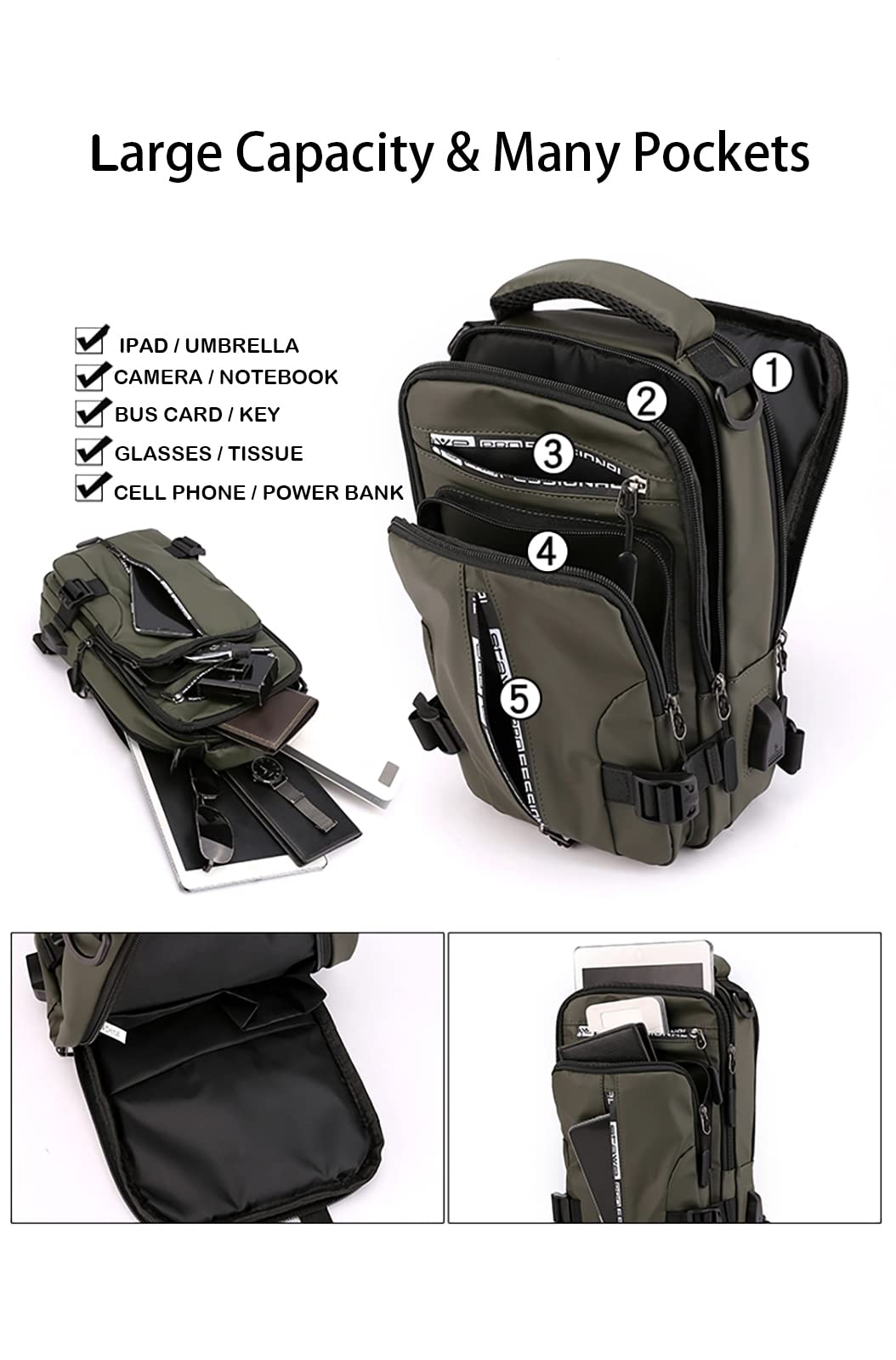 Yoanlayr sling bag USB port enables on the go charging.